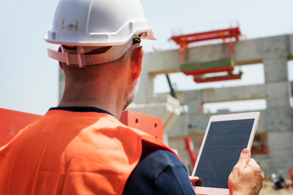 Bauarbeiter mit Tablet auf der Baustelle. Digitaler Tagesrapport von SORBA.