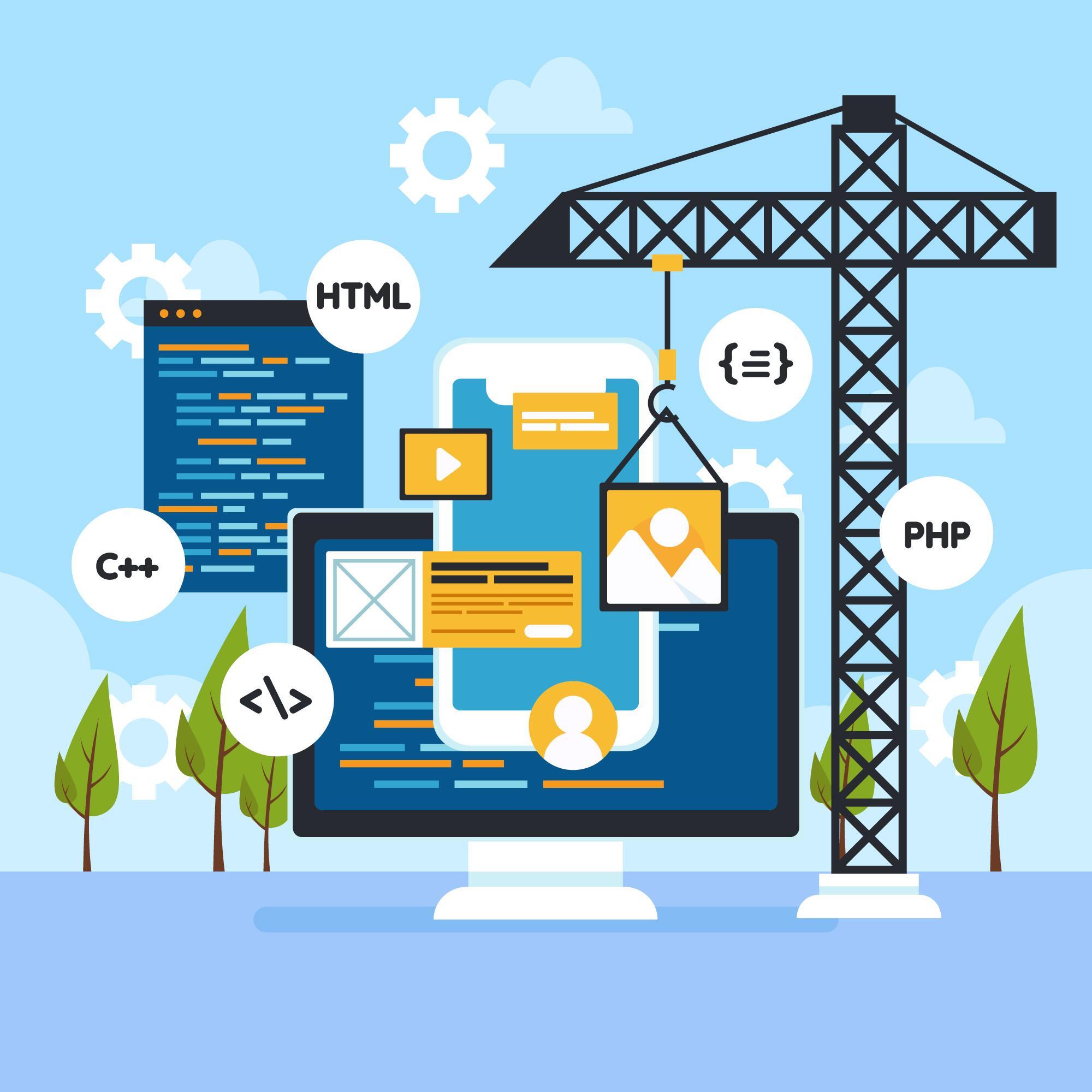 Grafische Darstellung einer Bausoftware mit Kran, digitaler Akte und Monitor: Eine Gesamtlösung im Bau ist effizienter als eine Einzellösung. 