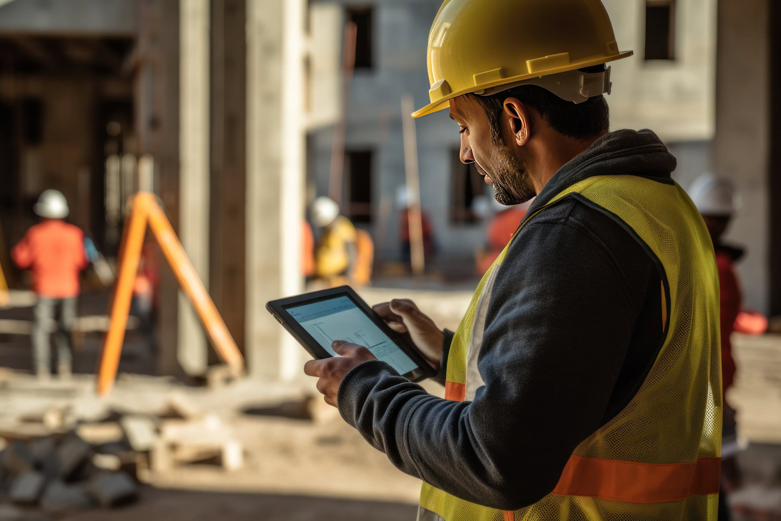 Bauleiter erfasst Arbeitszeiten und führt Baulohnberechnung durch - digital mit Tablet auf Baustelle