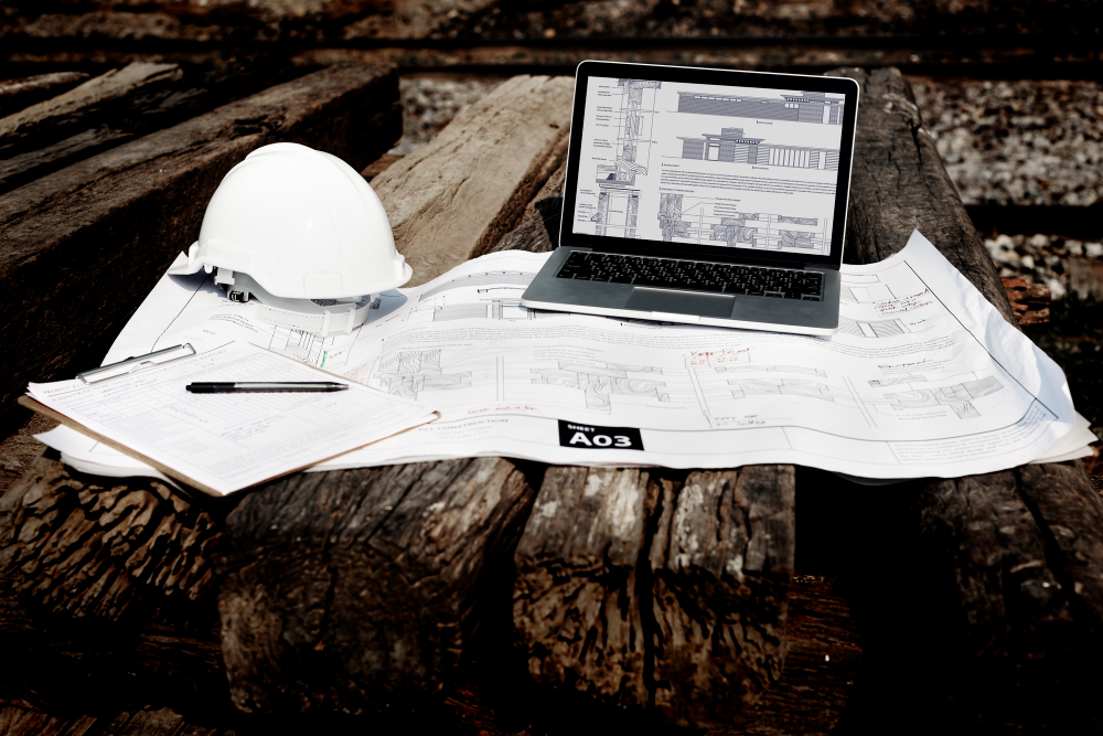 Ein Laptop mit Statistiken steht auf einem Holzstapel, darunter liegt ein Plan, daneben ein Helm mit Klemmbrett