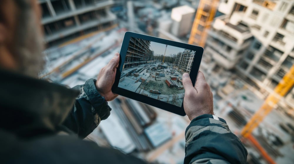 Mann mit Tablet auf Baustelle: Die Digitalisierung im Baugewerbe verschafft Handwerksbetrieben mehr Zeit.