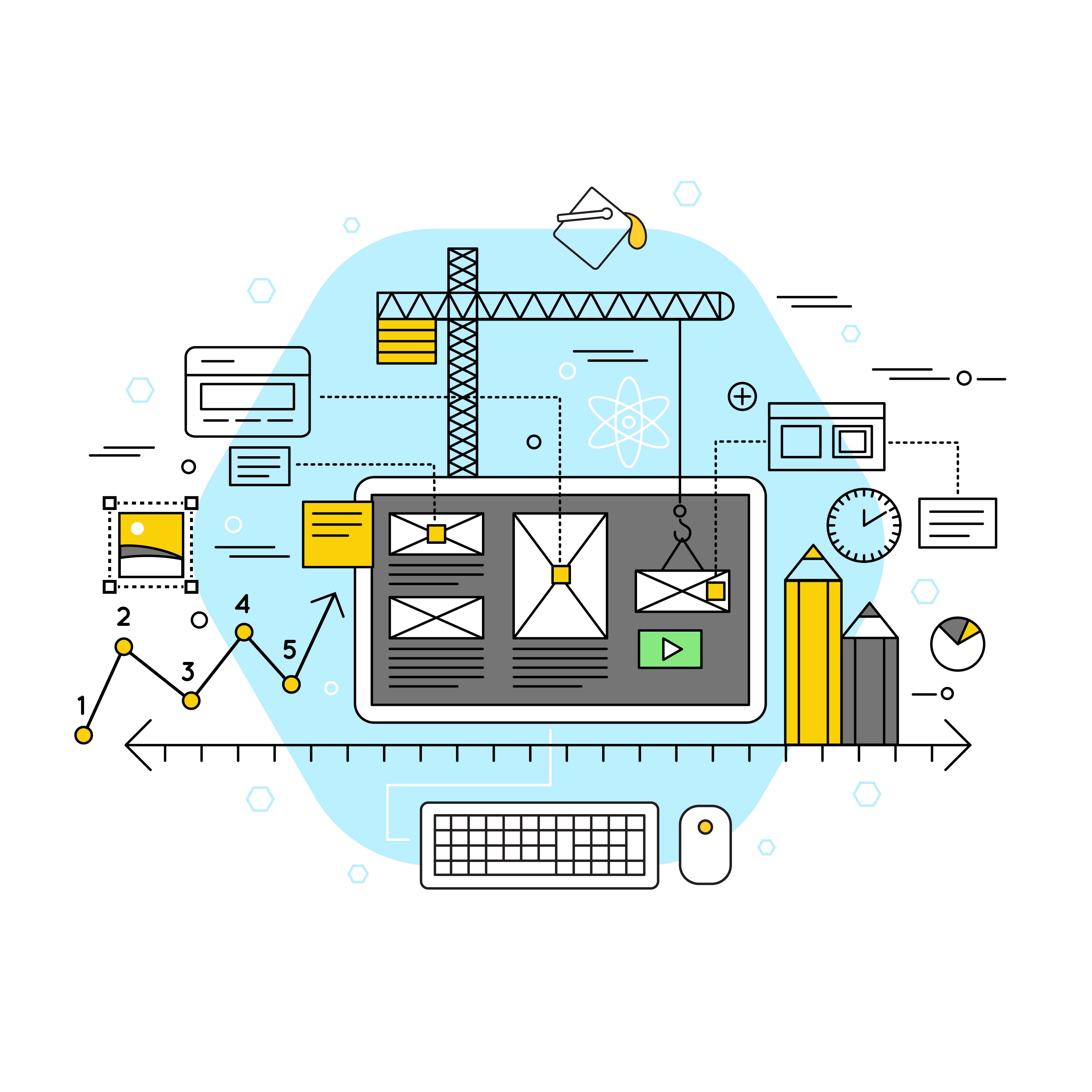 Skizze, die eine digitale Plattform zeigt, auf der alle Daten einer Baustelle zusammenlaufen: von Bildern über technische Daten bis hin zu Plänen und Businessdaten.
