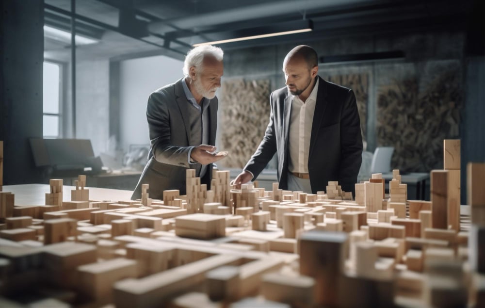 Vater und Sohn bei der Regelung der Unternehmensnachfolge im Baugewerbe.