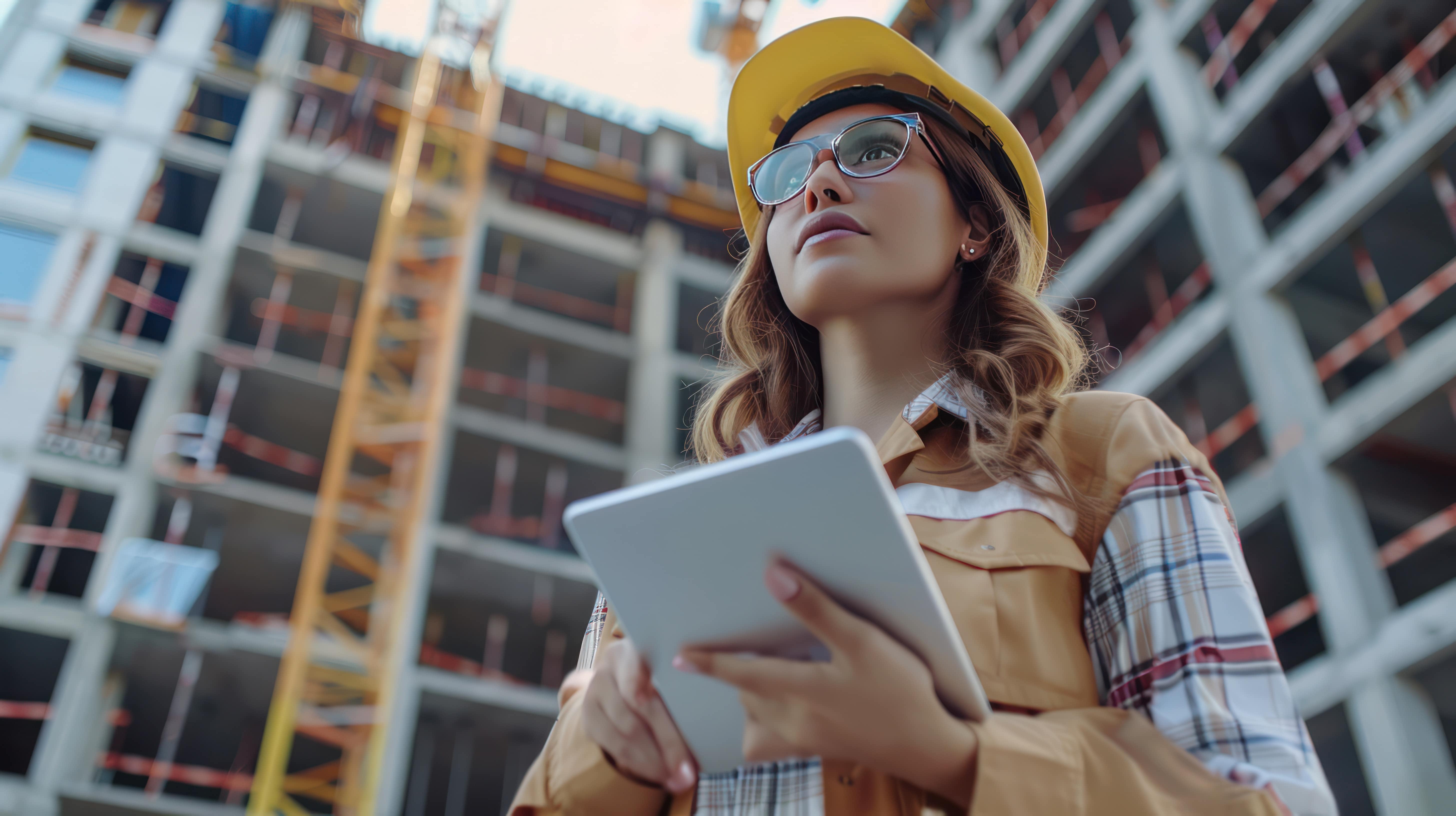 Frau mit Tablet auf Baustelle: Frauen im Baugewerbe bringen eine neue Perspektive ein. 