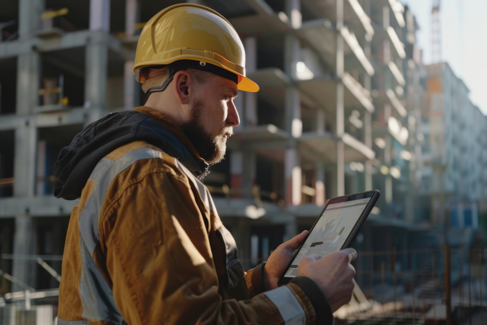 Bauleiter erfasst Regiearbeiten digital auf Tablet direkt auf der Schweizer Baustelle